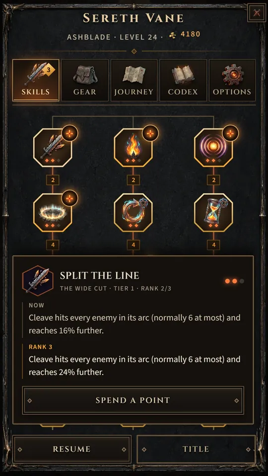 The Ashblade's skill tree, with a talent's detail