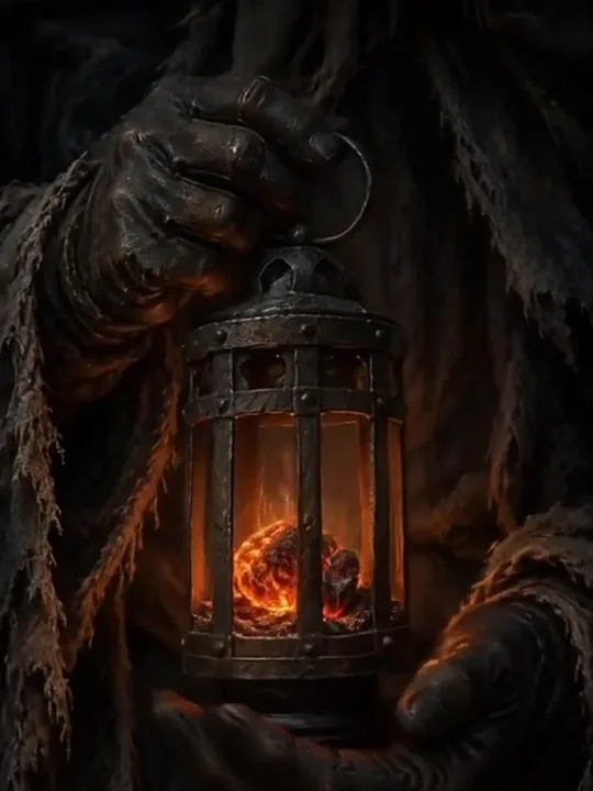 A coal carried in an iron cage, from the prologue film