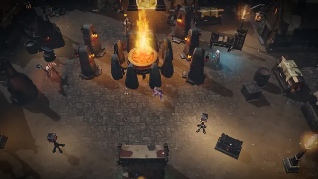 EMBERSWORN screenshot. The camp: the bonfire, the forge and the stone ring. HUD off.