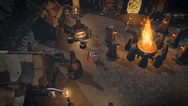 EMBERSWORN screenshot. The camp from above, with the forge. HUD off.