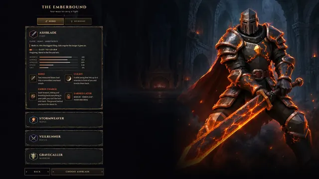 EMBERSWORN screenshot. Choosing a class: the Emberbound, hero.