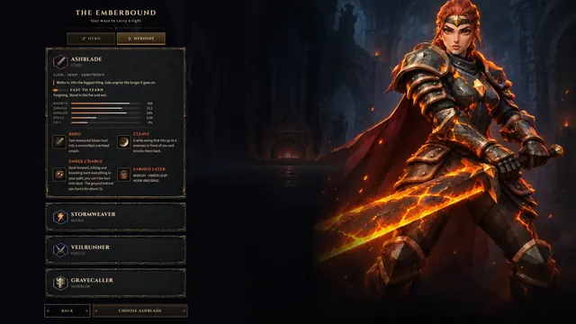 EMBERSWORN screenshot. Choosing a class: the Emberbound, heroine.