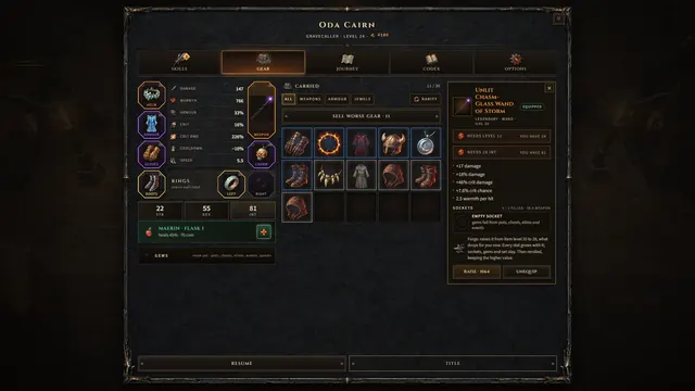 EMBERSWORN screenshot. The gear panel.